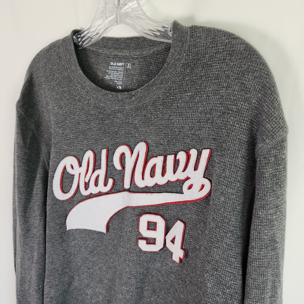 Y2K Old Navy Mens Gray Thermal‎ Waffle Knit Long Sleeve Graphic T Shirt XL